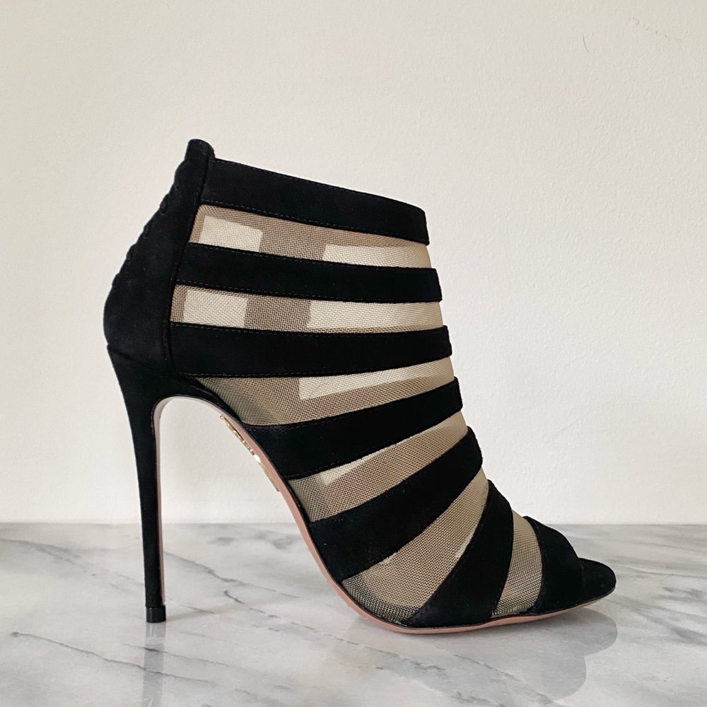 AQUAZURRA Wild Side Black Suede & Mesh Heels, 35.5